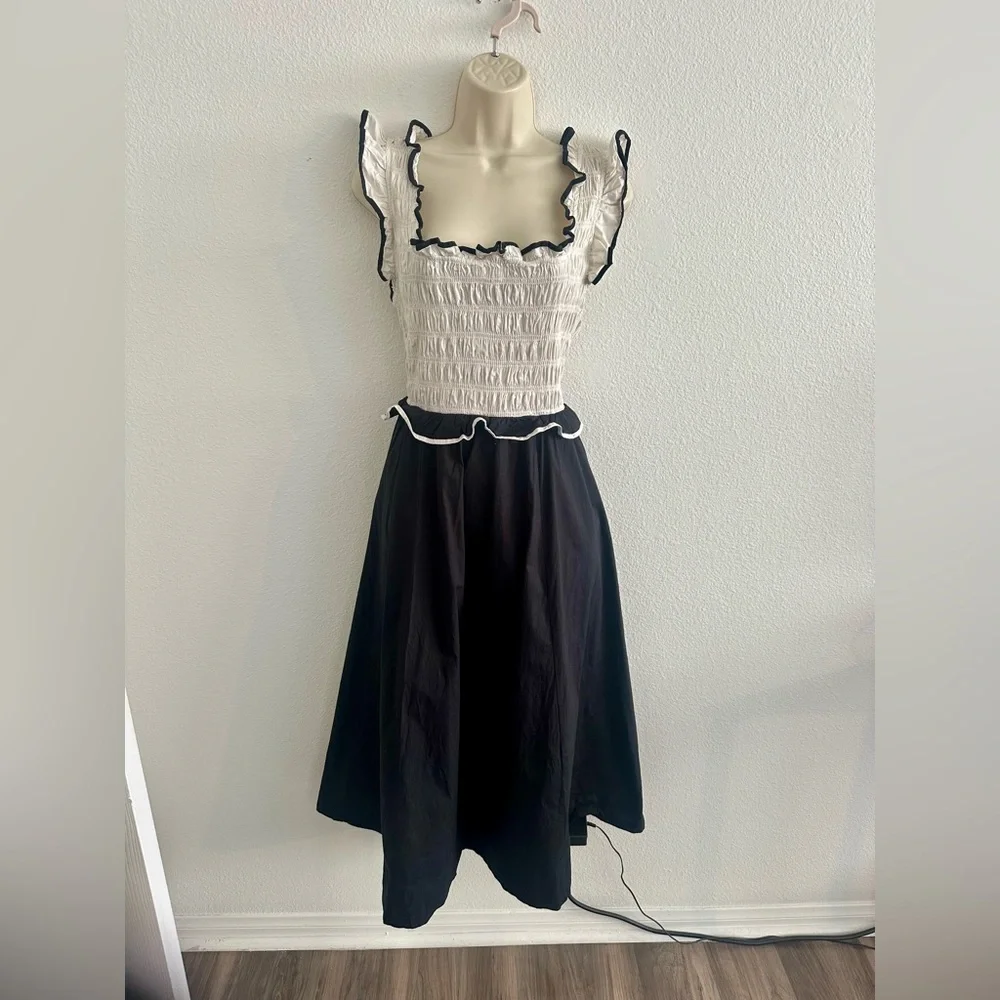 Free People Black and Cream Smocked Midi Dress